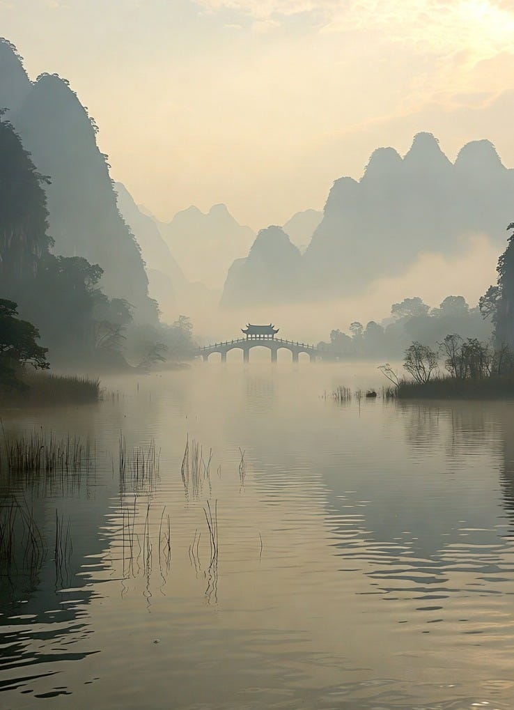 A serene ancient Chinese landscape with calm water, misty mountains, and a wooden bridge, evoking tranquility.
